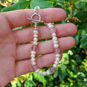 Pink Gemstone Freshwater Pearl Beaded Bracelet with Textured Silver Toggle Clasp